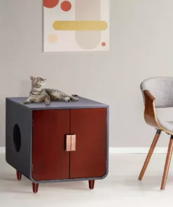 TeamsonUS Teamson Pets Small Dyad Wooden Cat Litter Box Enclosure And Side Table, Mocha Walnut