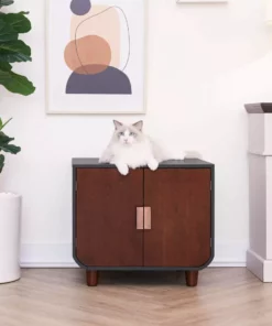 TeamsonUS Teamson Pets Small Dyad Wooden Cat Litter Box Enclosure And Side Table, Mocha Walnut