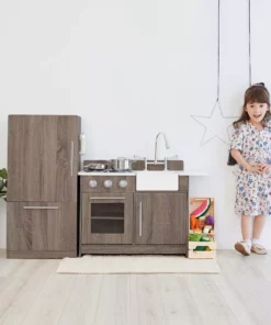 TeamsonUS New Teamson Kids Exclusive Little Chef Chelsea Modern Wooden Play Kitchen With Cookware Accessories, Cherry Grain