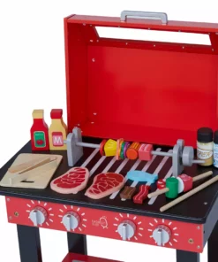 TeamsonUS Teamson Kids Little Helper Wooden Backyard BBQ Grill Playset With 26 Cooking Accessories, Red/Black