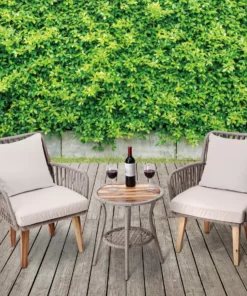 TeamsonUS Teamson Home Indoor/Outdoor 3 Piece Wicker Bistro Patio Set With Table, Chairs And Cushions Set, Tan/Brown