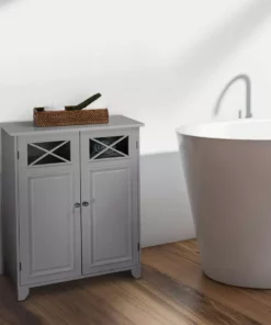 TeamsonUS New Teamson Home Dawson Contemporary Wooden Floor Storage Cabinet With Two Doors, Gray