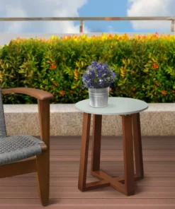 TeamsonUS Teamson Home Outdoor Solid Eucalyptus Wood Patio Side Table With Superstone Cement Top, Gray