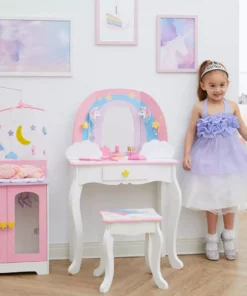 TeamsonUS Fantasy Fields Little Dreamer Rainbow Unicorn Vanity Table Set With Mirror And Stool, White Kids