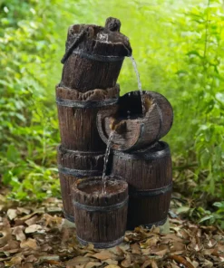 TeamsonUS Teamson Home Outdoor Vintage 3-Tier Cascading Barrel Waterfall Fountain, Brown