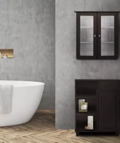 TeamsonUS Teamson Home Chesterfield Removable Wooden Wall Cabinet With 2 Waffle Glass Doors, Espresso