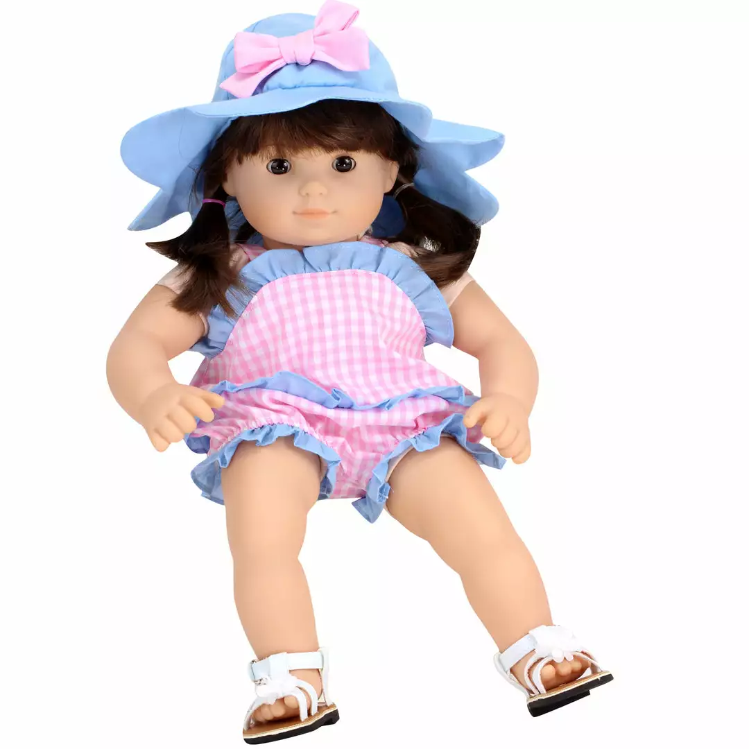 TeamsonUS Sophia's Gingham Romper Outfit And Hat Set For 15'' Dolls, Pink/Blue 4 TeamsonUS Sophia's Gingham Romper Outfit And Hat Set For 15'' Dolls, Pink/Blue