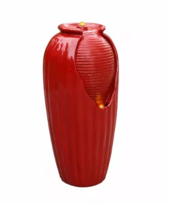 TeamsonUS Teamson Home Indoor/Outdoor Contemporary Glazed Contoured Vase Water Fountain With LED Lights, Red