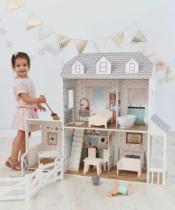 TeamsonUS Teamson Kids Dreamland Farm Dollhouse With 14 Accessories, White/Gray
