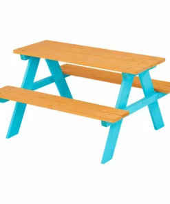 TeamsonUS Teamson Kids Child Sized Wooden Outdoor Picnic Table, Warm Honey/Aqua