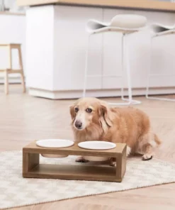 TeamsonUS Teamson Pets Billie Small Elevated Wood Pet Feeder With Ceramic Bowls, Brown New