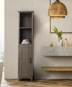 TeamsonUS Teamson Home Russell Modern Farmhouse Linen Tower Storage Cabinet With Open Shelves, Salt Oak