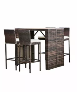 TeamsonUS New Teamson Home 5 Pc Outdoor Wicker Dining Set With Acacia Tabletop And Cushions, Brown