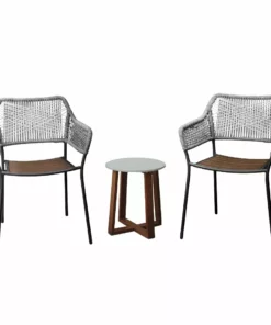 TeamsonUS Teamson Home Outdoor 3-Piece Stackable Patio Set With Two Rope Eucalyptus Chairs And Bistro Table Set, Gray