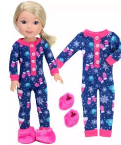 TeamsonUS Sophia's One Piece Winter Pajamas And Slippers For 14.5" Dolls, Blue/Hot Pink Kids