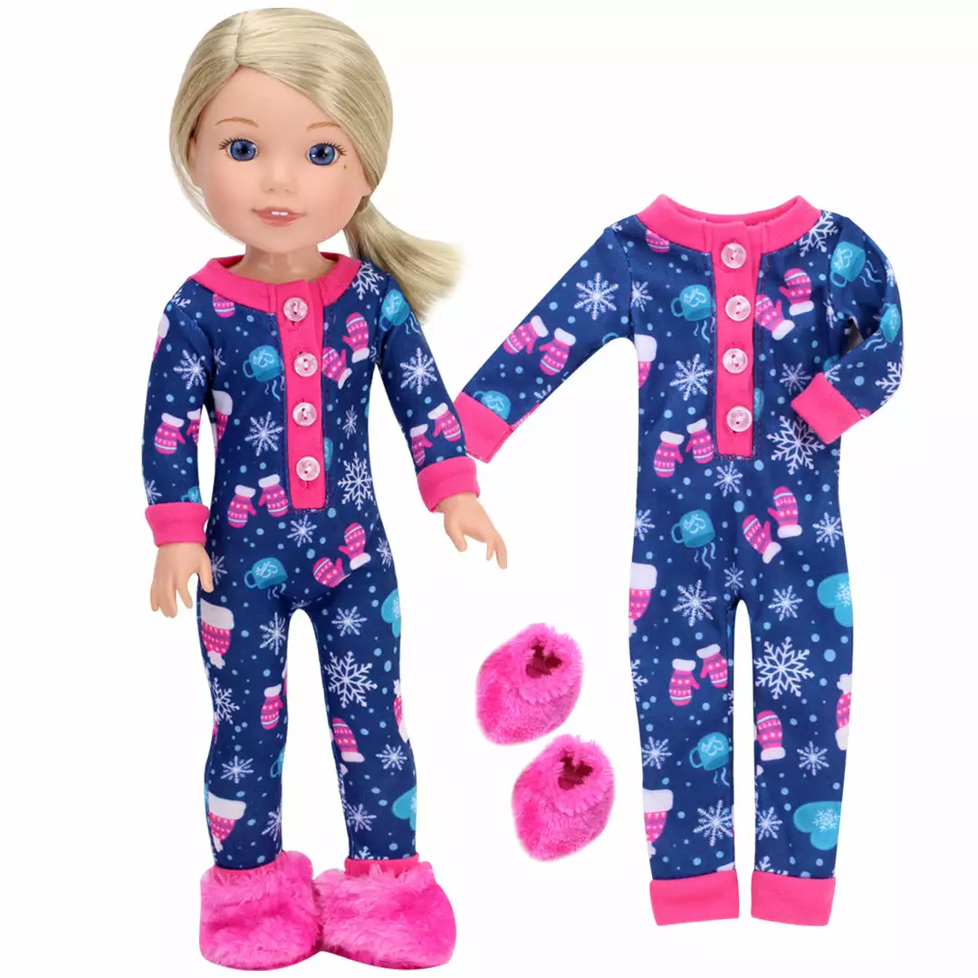 TeamsonUS Sophia's One Piece Winter Pajamas And Slippers For 14.5" Dolls, Blue/Hot Pink Kids 3 TeamsonUS Sophia's One Piece Winter Pajamas And Slippers For 14.5" Dolls, Blue/Hot Pink Kids