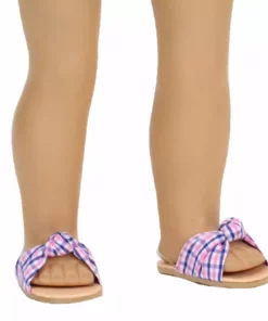 TeamsonUS Kids Sophia's Plaid Fabric Knot Sandal For 18" Dolls, Pink/Blue