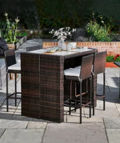 TeamsonUS New Teamson Home 5 Pc Outdoor Wicker Dining Set With Acacia Tabletop And Cushions, Brown