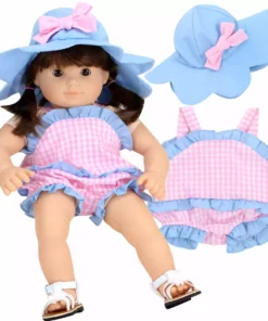 TeamsonUS Sophia's Gingham Romper Outfit And Hat Set For 15'' Dolls, Pink/Blue 8 TeamsonUS Sophia's Gingham Romper Outfit And Hat Set For 15'' Dolls, Pink/Blue