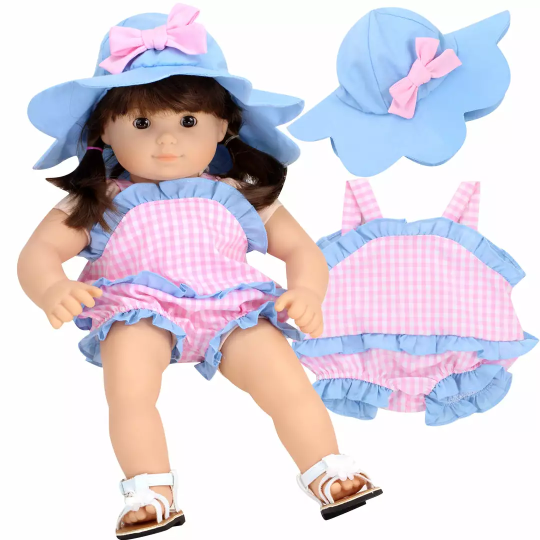 TeamsonUS Sophia's Gingham Romper Outfit And Hat Set For 15'' Dolls, Pink/Blue 5 TeamsonUS Sophia's Gingham Romper Outfit And Hat Set For 15'' Dolls, Pink/Blue