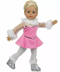 TeamsonUS Kids Sophia's Complete Figure Skating Outfit With Dress, Ice Skates And Accessories For 18" Dolls, Pink/Silver