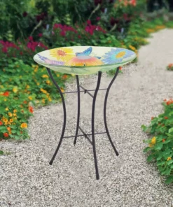 TeamsonUS Teamson Home Outdoor 18" Hand Painted Butterfly Fusion Glass Solar Bird Bath W/ Stand