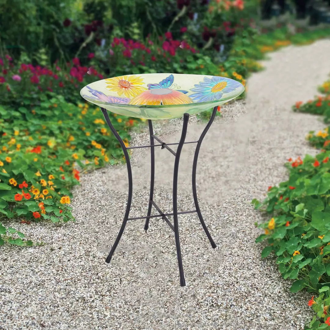 TeamsonUS Teamson Home Outdoor 18" Hand Painted Butterfly Fusion Glass Solar Bird Bath W/ Stand 4 TeamsonUS Teamson Home Outdoor 18" Hand Painted Butterfly Fusion Glass Solar Bird Bath W/ Stand
