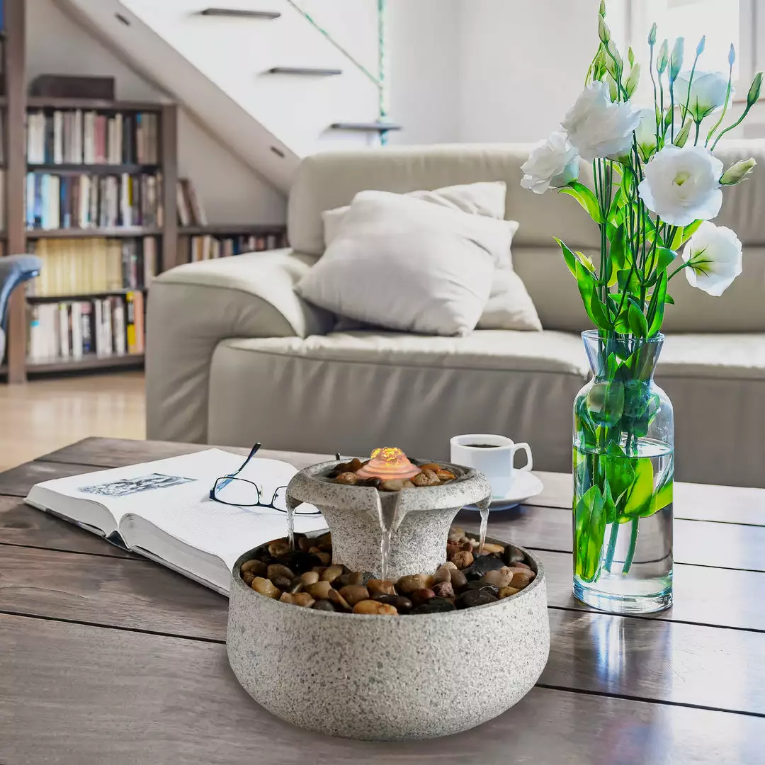 TeamsonUS Teamson Home Natural Tabletop Tiered Fountain With LED Light, Stone 4 TeamsonUS Teamson Home Natural Tabletop Tiered Fountain With LED Light, Stone