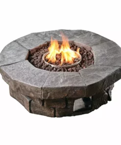 TeamsonUS Teamson Home Outdoor Circular Stone-Look Propane Gas Fire Pit, Slate Gray