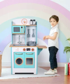 TeamsonUS New Teamson Kids Little Chef Santos Retro Wooden Kitchen Playset, Aqua/White