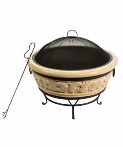 TeamsonUS Teamson Home 27" Outdoor Round Wood Burning Fire Pit With Faux Concrete And Steel Base, Stone/Black 8 TeamsonUS Teamson Home 27