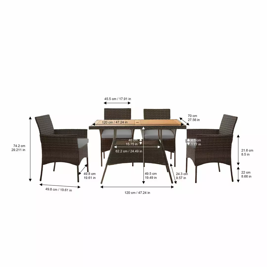 TeamsonUS Teamson Home Outdoor 5 Piece Rattan And Acacia Wood Patio Dining Set With Four Chairs And Table, Brown 6 TeamsonUS Teamson Home Outdoor 5 Piece Rattan And Acacia Wood Patio Dining Set With Four Chairs And Table, Brown
