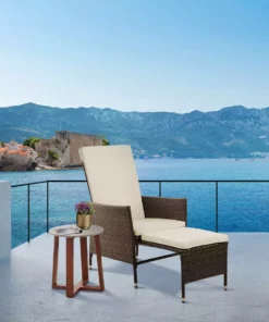 TeamsonUS Teamson Home Outdoor Rattan Patio Lounge Chair With Pull-Out Ottoman And Cushions, Brown/White