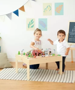 TeamsonUS Teamson Kids Preschool Play Lab Toys Wooden Table With 85-pc Train And Town Set, Natural