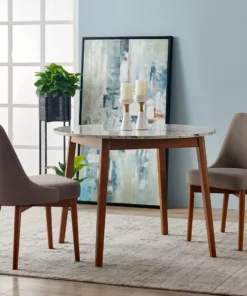 TeamsonUS Teamson Home Ashton Round Marble-Look Dining Table With Wood Base, Marble/Walnut