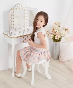 TeamsonUS Fantasy Fields - Fashion Polka Dot Prints Gisele Play Vanity Set - White / Gold Kids