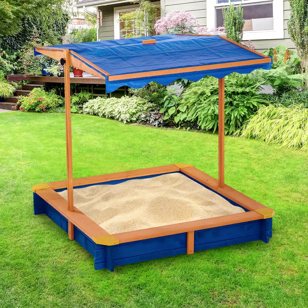 TeamsonUS Teamson Kids 4' Square Solid Wood Sandbox With Rotatable Canopy Cover, Honey/Blue 11 TeamsonUS Teamson Kids 4' Square Solid Wood Sandbox With Rotatable Canopy Cover, Honey/Blue
