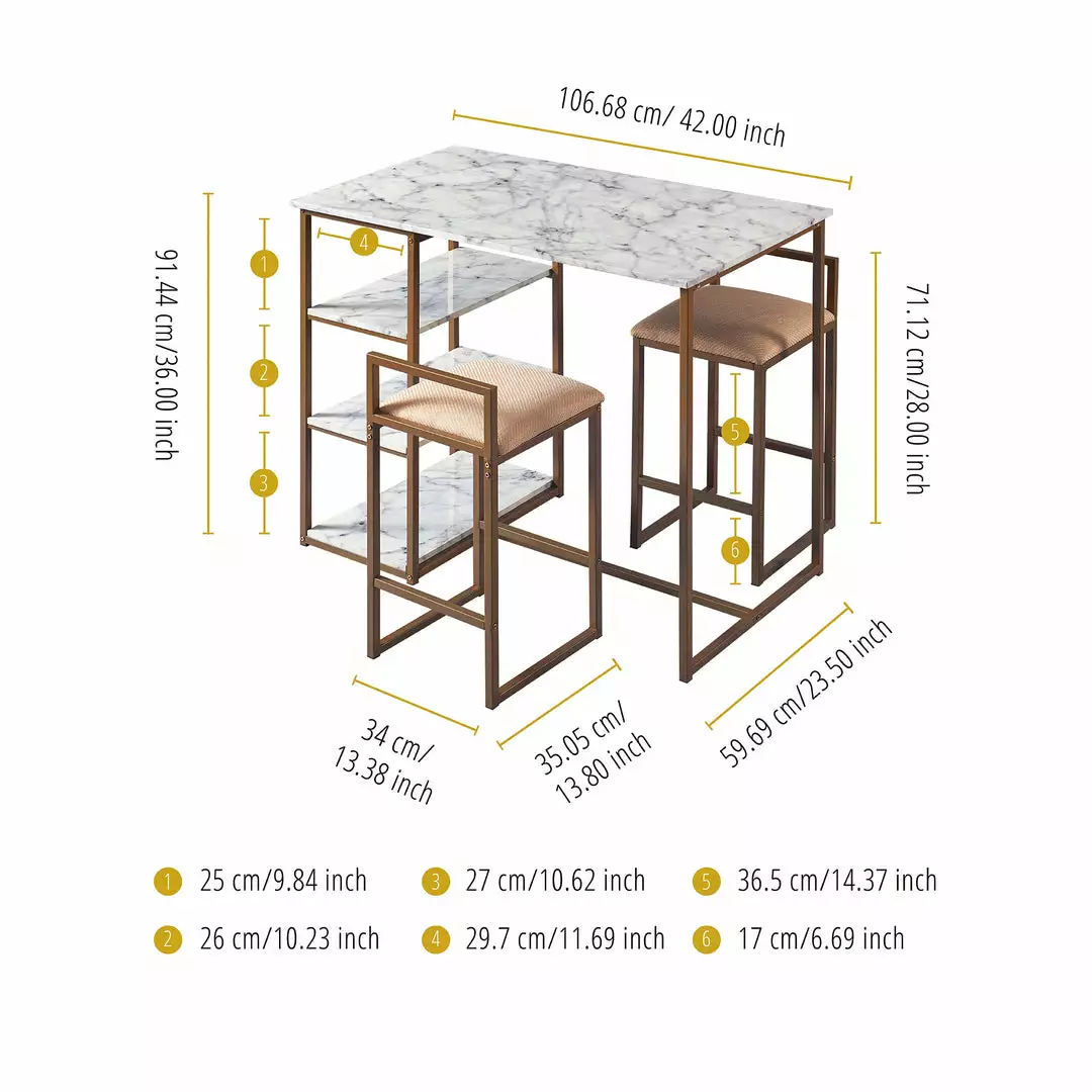 TeamsonUS Teamson Home Marmo Modern Marble-Look Breakfast Table Set With 2 Stools And Storage, Marble/Brass 6 TeamsonUS Teamson Home Marmo Modern Marble-Look Breakfast Table Set With 2 Stools And Storage, Marble/Brass