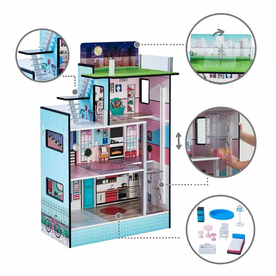 TeamsonUS Teamson Kids Dreamland Barcelona Dollhouse With 10 Accessories, Turquoise/Black 7 TeamsonUS Teamson Kids Dreamland Barcelona Dollhouse With 10 Accessories, Turquoise/Black