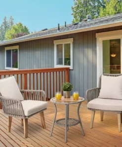 TeamsonUS Teamson Home Indoor/Outdoor 3 Piece Wicker Bistro Patio Set With Table, Chairs And Cushions Set, Tan/Brown