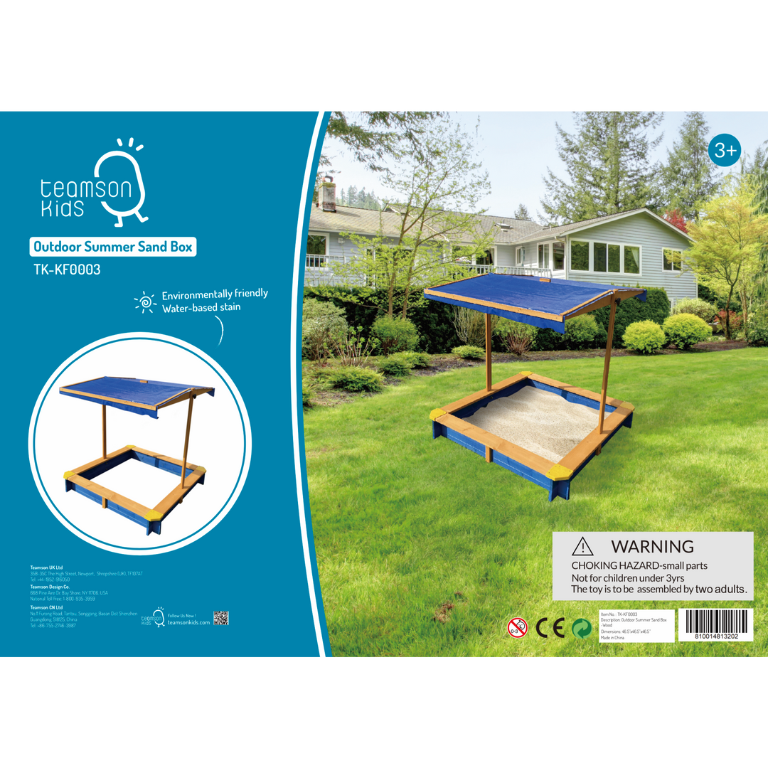 TeamsonUS Teamson Kids 4' Square Solid Wood Sandbox With Rotatable Canopy Cover, Honey/Blue 17 TeamsonUS Teamson Kids 4' Square Solid Wood Sandbox With Rotatable Canopy Cover, Honey/Blue