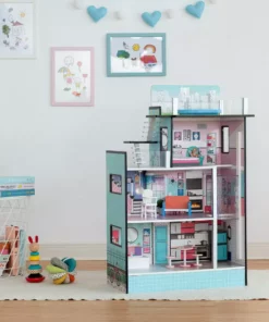 TeamsonUS Teamson Kids Dreamland Barcelona Dollhouse With 10 Accessories, Turquoise/Black