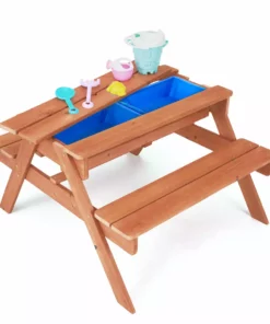 TeamsonUS Teamson Kids Outdoor Wooden Picnic Table With 2 Sensory Bins For Sand/Water Play Plus Accessories, Warm Cherry