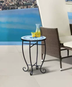 TeamsonUS Teamson Home Small 14" Round Outdoor Mosaic Side Table Planter Stand, Blue