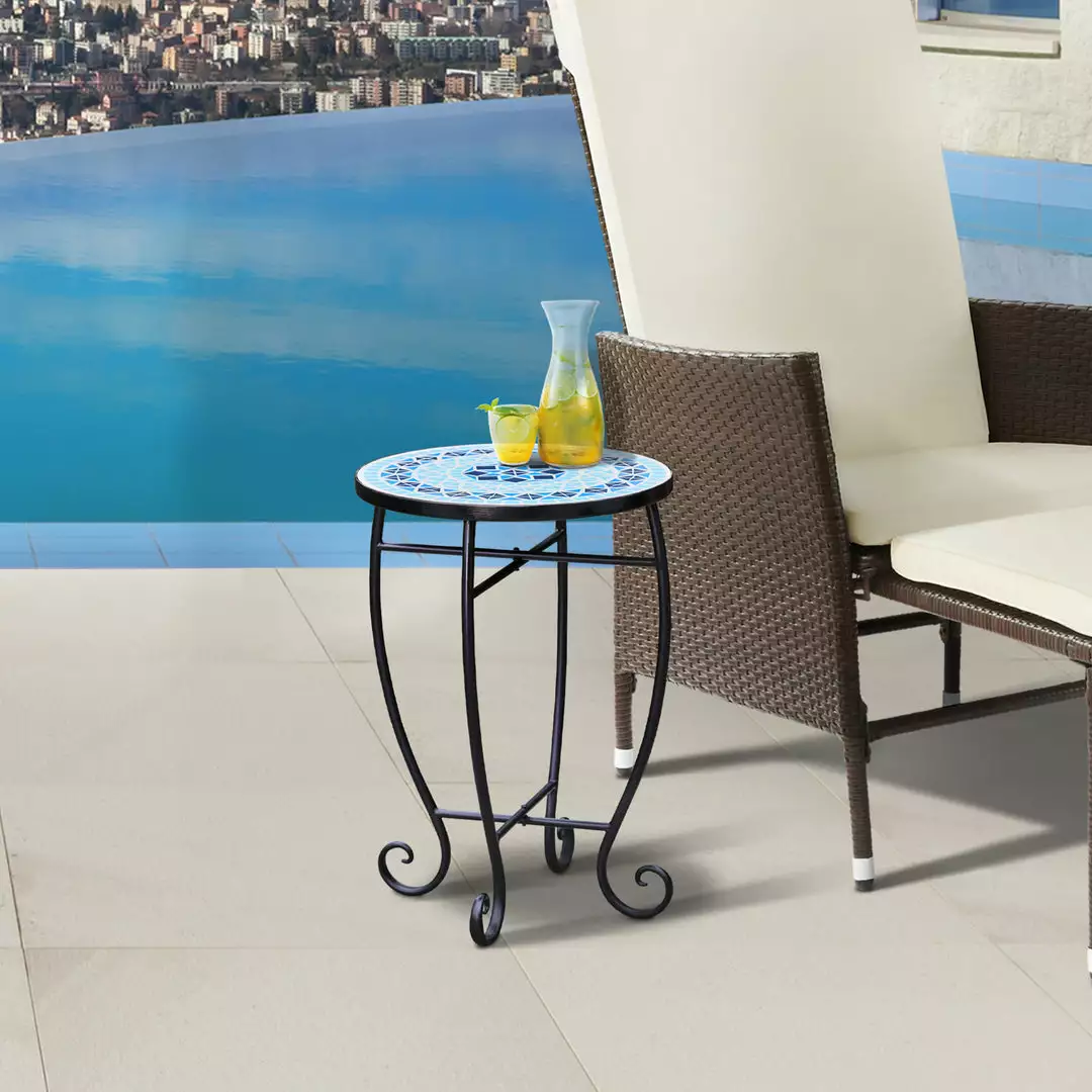 TeamsonUS Teamson Home Small 14" Round Outdoor Mosaic Side Table Planter Stand, Blue 4 TeamsonUS Teamson Home Small 14" Round Outdoor Mosaic Side Table Planter Stand, Blue