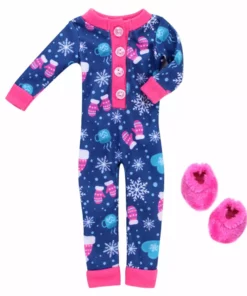 TeamsonUS Sophia's One Piece Winter Pajamas And Slippers For 14.5" Dolls, Blue/Hot Pink Kids