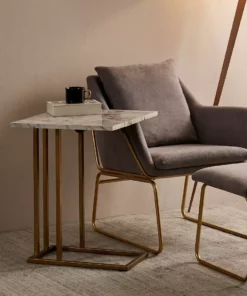 TeamsonUS Teamson Home Marmo Modern Marble-Look C Shape Side Table With Extension, Marble/Brass