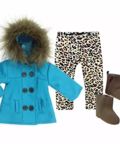 TeamsonUS Sophia's 3 Piece Winter Set Includes Fur Trimmed Pea Coat, Animal Print Leggings And Boots For 18