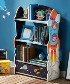 TeamsonUS Fantasy Fields Kids Wooden Outer Space Bookshelf With Drawer, Blue