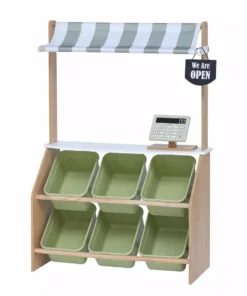 TeamsonUS Teamson Kids Little Helper Wooden Play Farmer's Market Stand With Cash Register And Storage Bins, Natural/Green